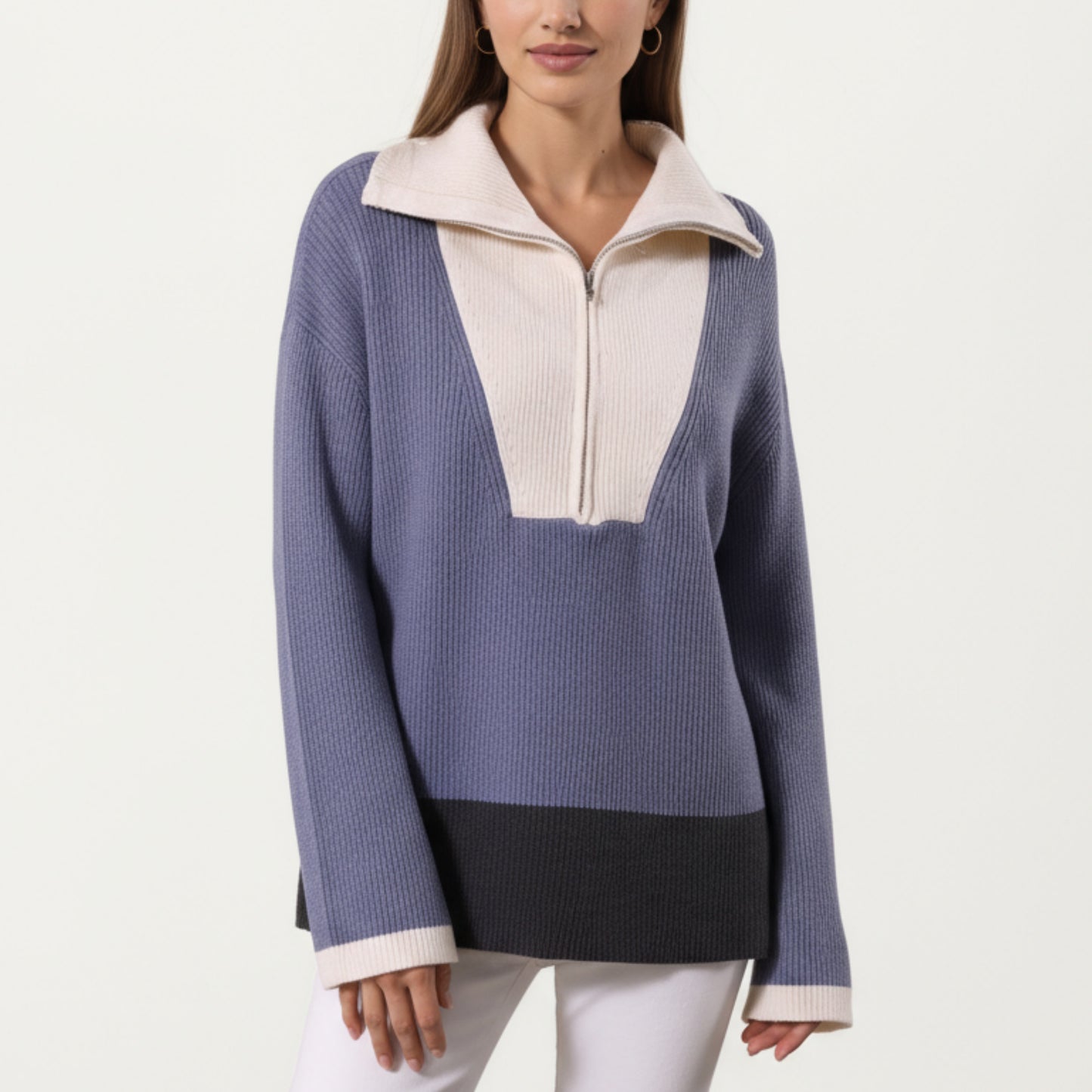 Ribbed Knit Half Zip Top with Soft Textured Fabric, Wide Foldover Collar and Long Sleeves for a Smooth Relaxed Silhouette