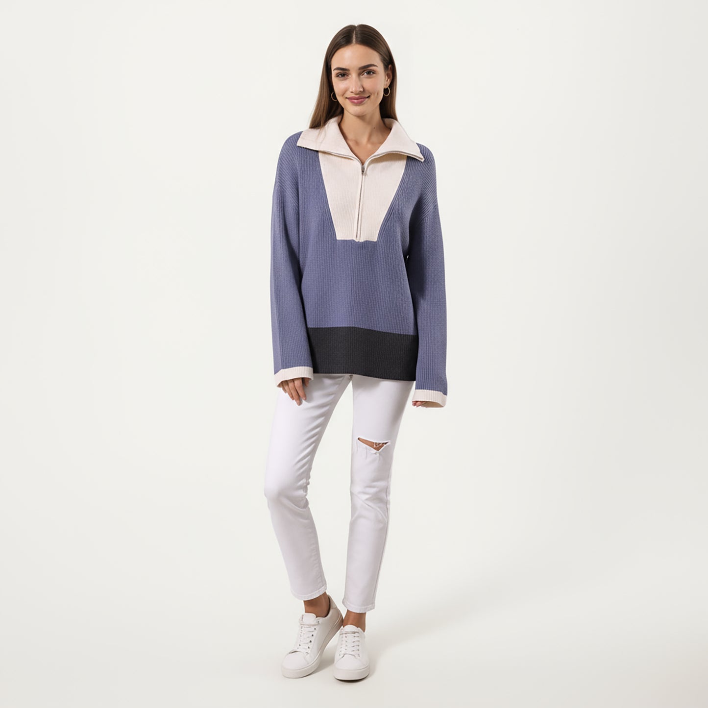 Ribbed Knit Half Zip Top with Soft Textured Fabric, Wide Foldover Collar and Long Sleeves for a Smooth Relaxed Silhouette
