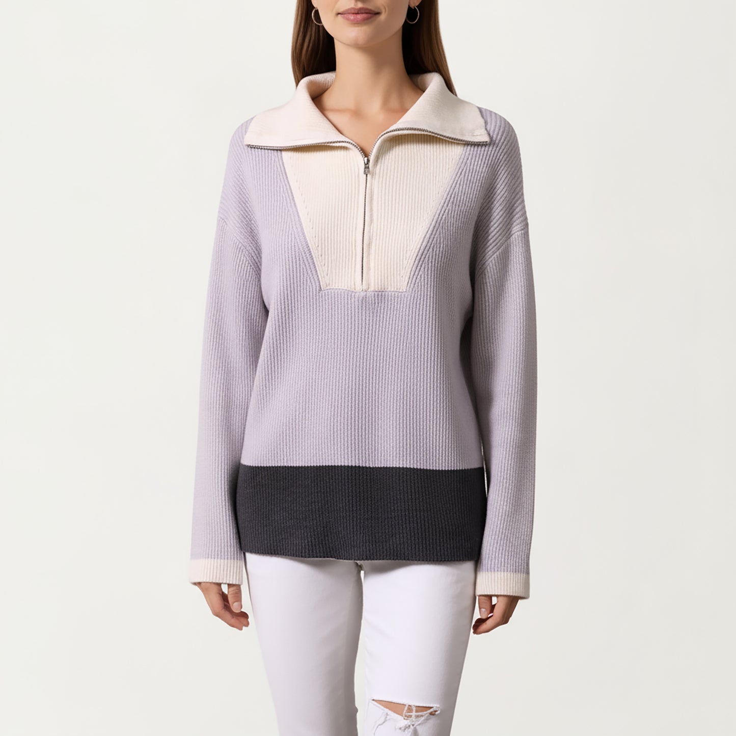 Ribbed Knit Half Zip Top with Soft Textured Fabric, Wide Foldover Collar and Long Sleeves for a Smooth Relaxed Silhouette