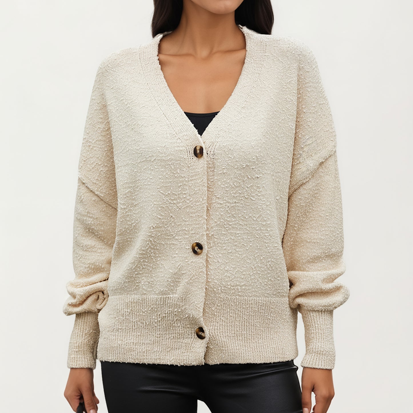 Textured Knit Button Front Top with Soft Cozy Fabric, Relaxed Drop Shoulder Silhouette and Ribbed Edges for Added Structure