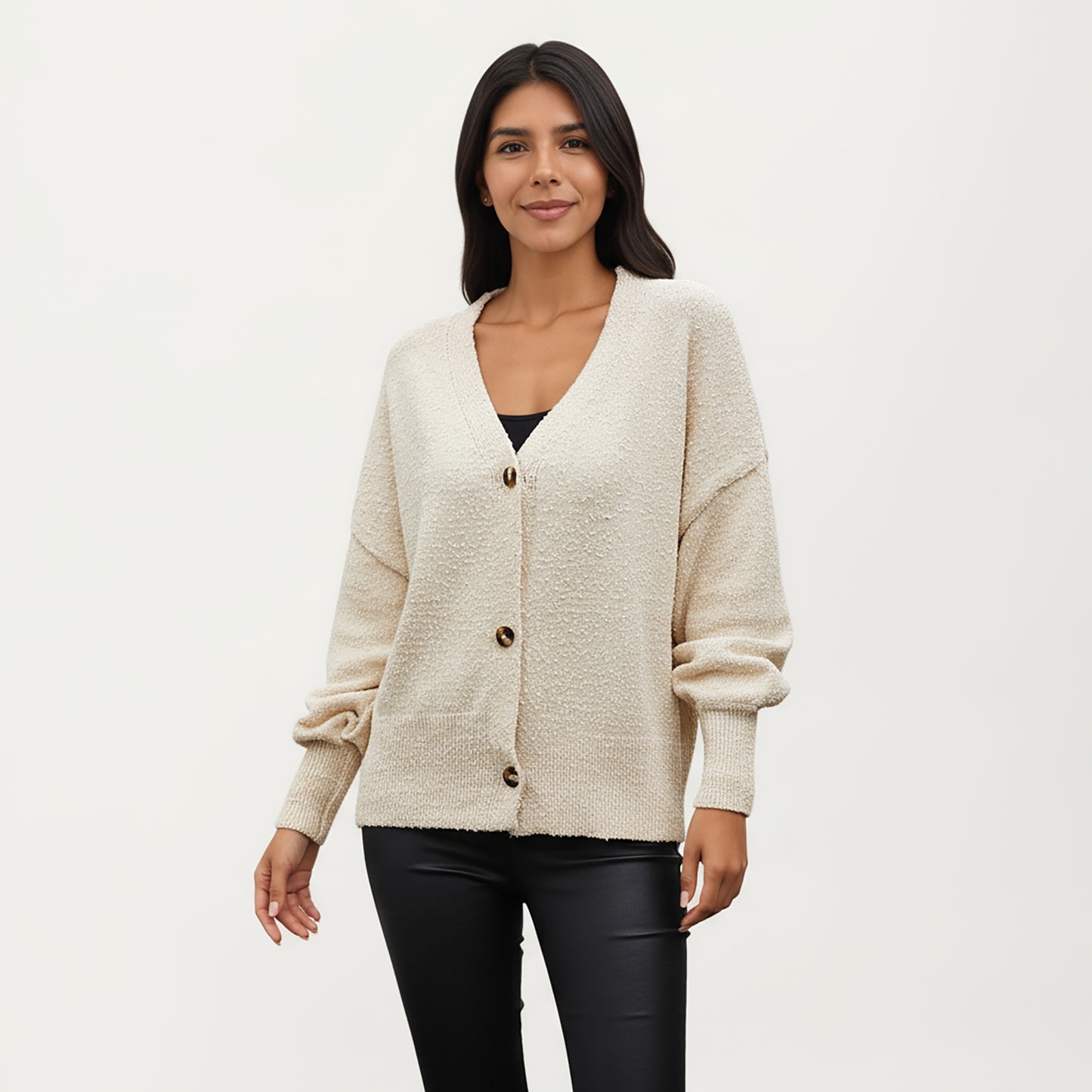 Textured Knit Button Front Top with Soft Cozy Fabric, Relaxed Drop Shoulder Silhouette and Ribbed Edges for Added Structure