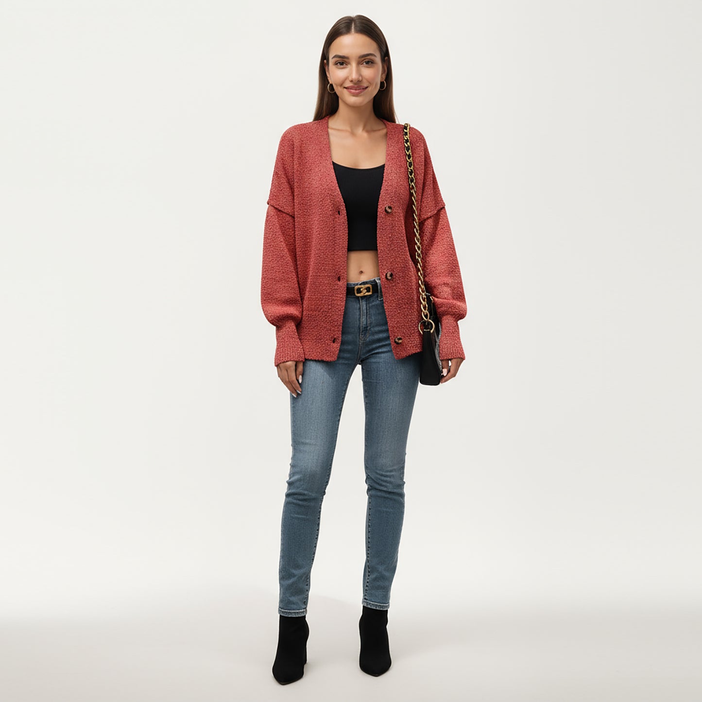 Textured Knit Button Front Top with Soft Cozy Fabric, Relaxed Drop Shoulder Silhouette and Ribbed Edges for Added Structure