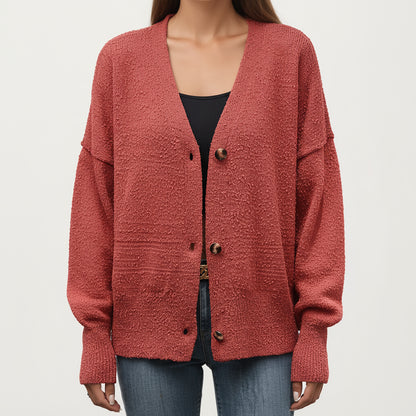 Textured Knit Button Front Top with Soft Cozy Fabric, Relaxed Drop Shoulder Silhouette and Ribbed Edges for Added Structure