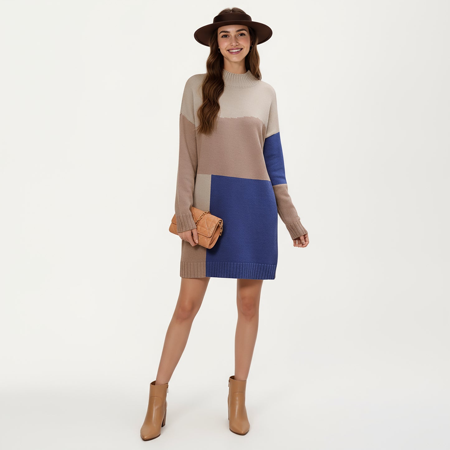 Colorblock Knit Sweater Dress with Long Sleeves, Soft Ribbed Edges and Relaxed Straight Silhouette for Effortless Comfort