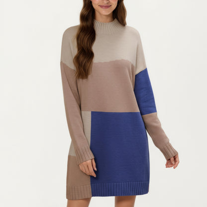 Colorblock Knit Sweater Dress with Long Sleeves, Soft Ribbed Edges and Relaxed Straight Silhouette for Effortless Comfort