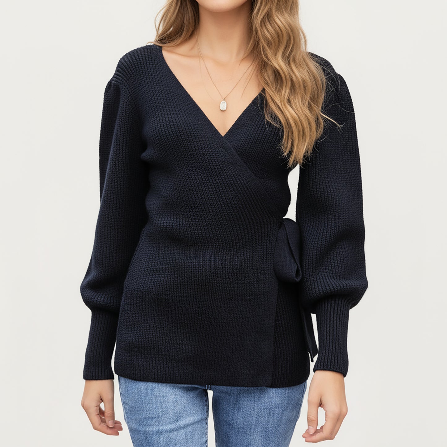 Knit Wrap Top with Long Sleeves, Soft Textured Ribbed Fabric and Side Tie Detail Creating a Flattering Feminine Silhouette