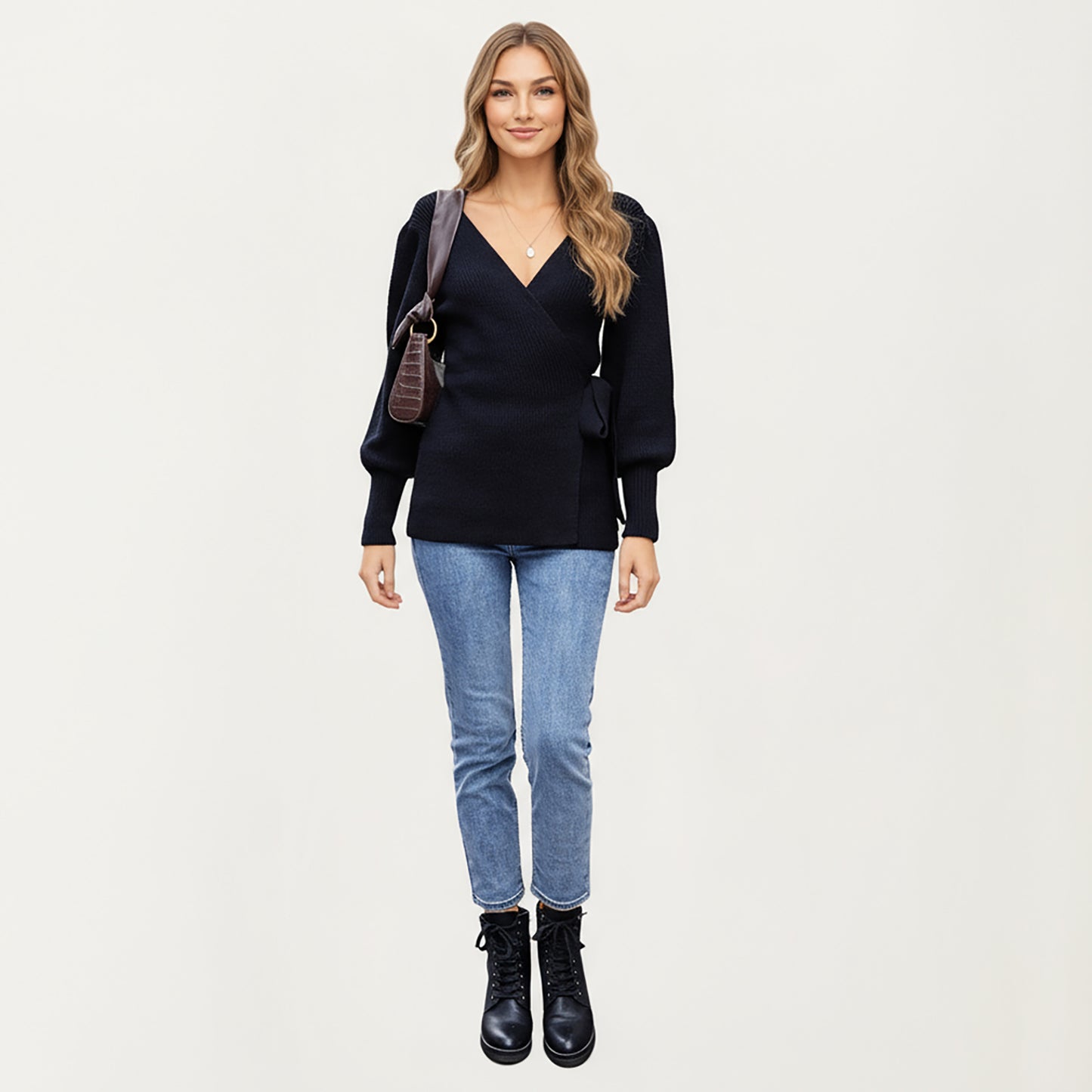 Knit Wrap Top with Long Sleeves, Soft Textured Ribbed Fabric and Side Tie Detail Creating a Flattering Feminine Silhouette