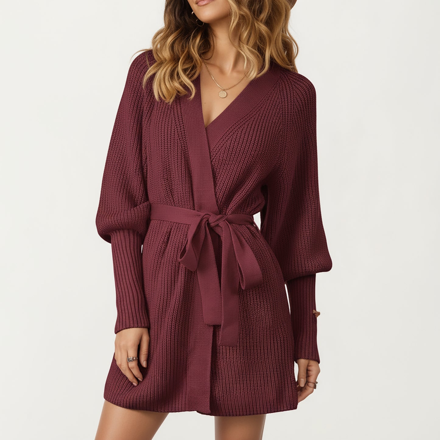 Knit Wrap Top with Long Sleeves, Soft Textured Ribbed Fabric and Adjustable Waist Tie for a Flattering Wrapped Silhouette