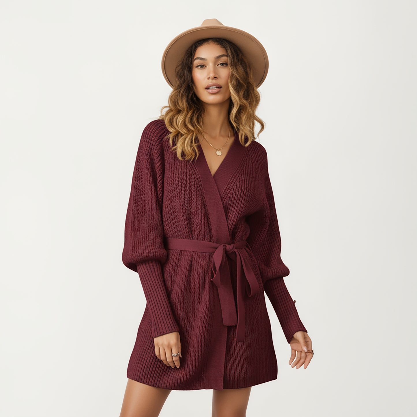 Knit Wrap Top with Long Sleeves, Soft Textured Ribbed Fabric and Adjustable Waist Tie for a Flattering Wrapped Silhouette