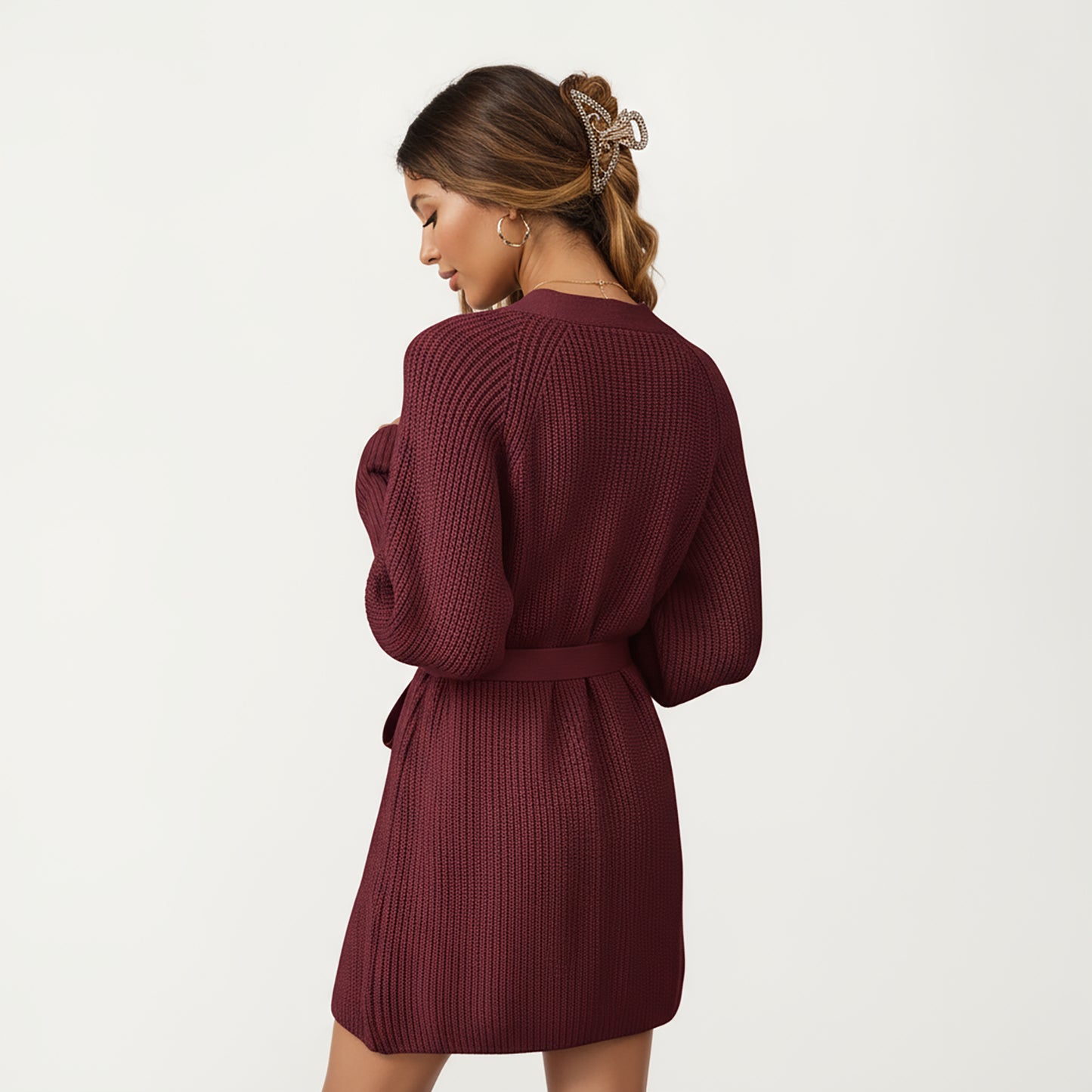 Knit Wrap Top with Long Sleeves, Soft Textured Ribbed Fabric and Adjustable Waist Tie for a Flattering Wrapped Silhouette