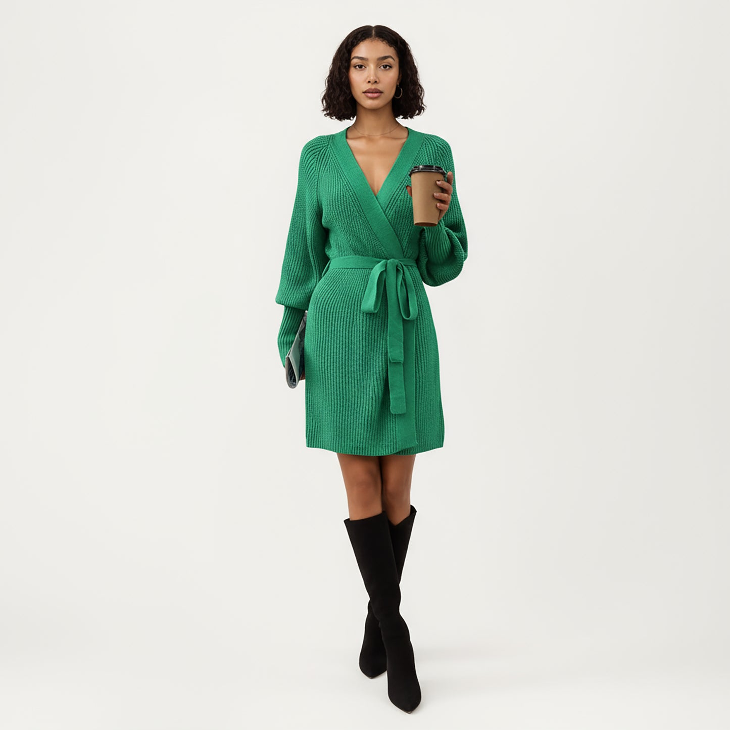 Knit Wrap Top with Long Sleeves, Soft Textured Ribbed Fabric and Adjustable Waist Tie for a Flattering Wrapped Silhouette