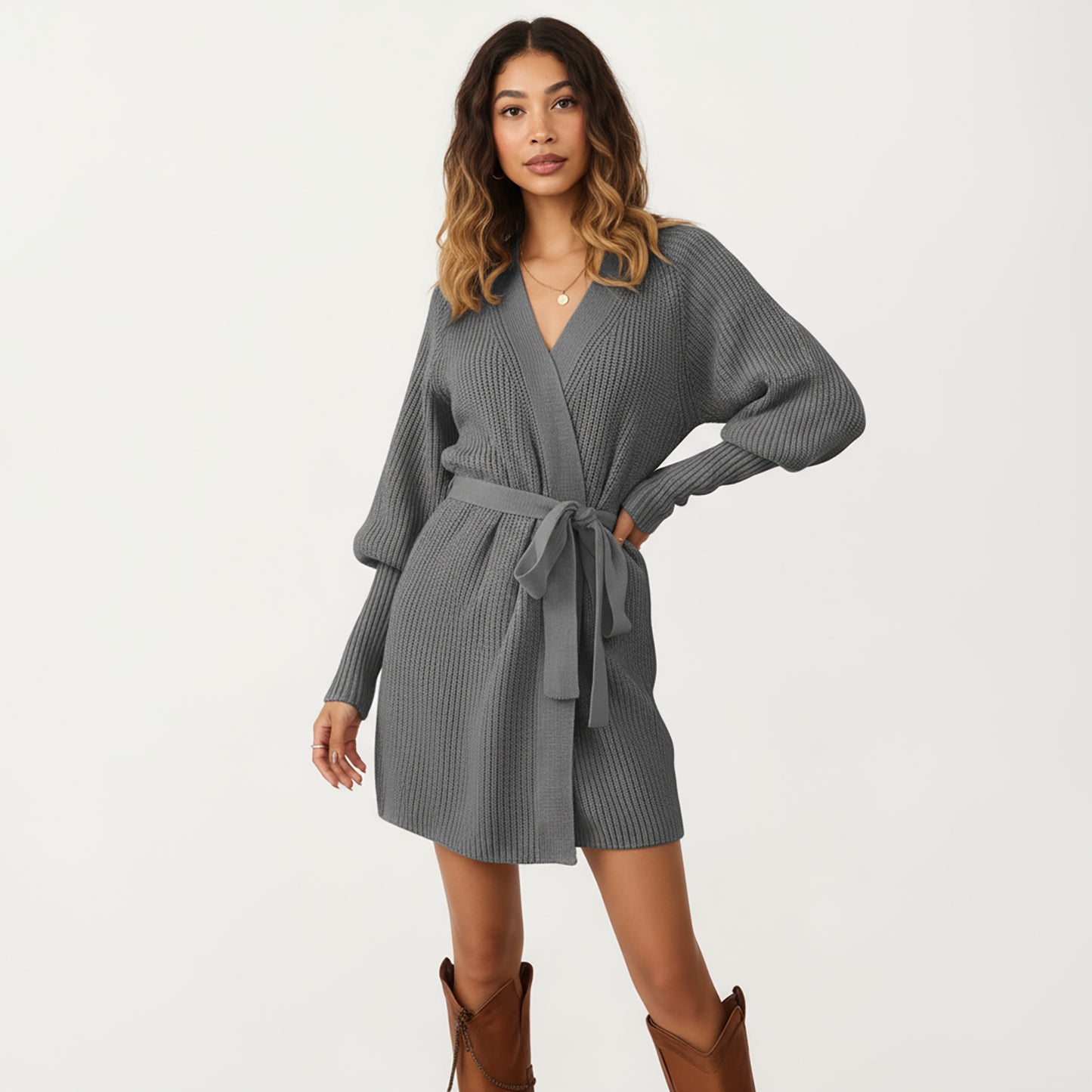 Knit Wrap Top with Long Sleeves, Soft Textured Ribbed Fabric and Adjustable Waist Tie for a Flattering Wrapped Silhouette