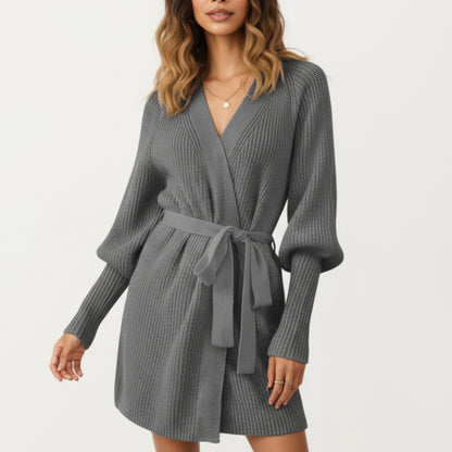 Knit Wrap Top with Long Sleeves, Soft Textured Ribbed Fabric and Adjustable Waist Tie for a Flattering Wrapped Silhouette