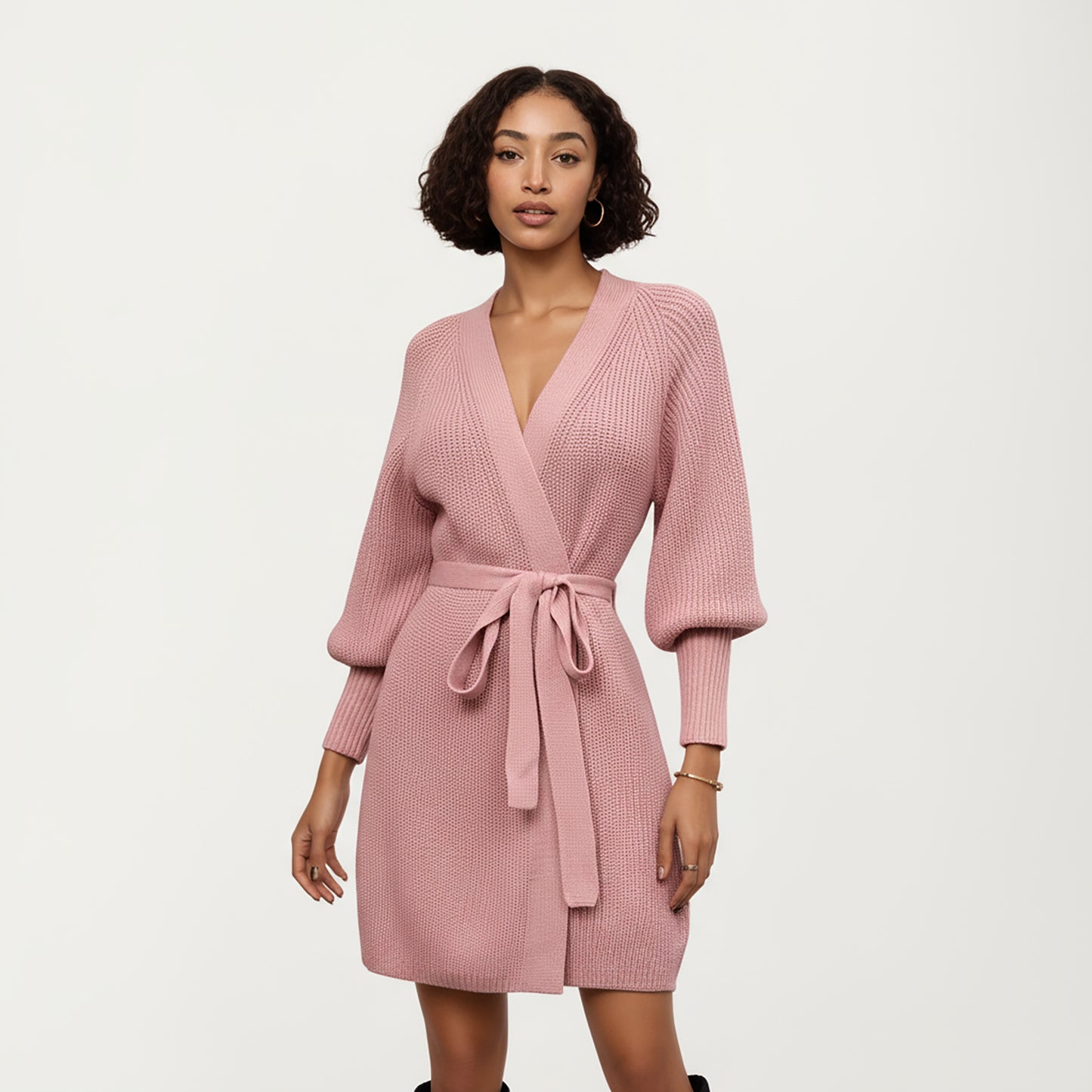 Knit Wrap Top with Long Sleeves, Soft Textured Ribbed Fabric and Adjustable Waist Tie for a Flattering Wrapped Silhouette