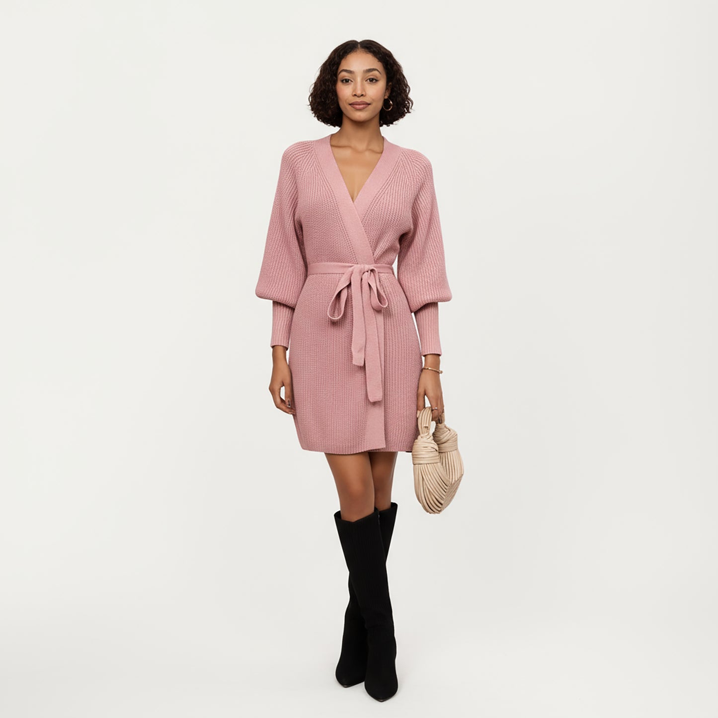 Knit Wrap Top with Long Sleeves, Soft Textured Ribbed Fabric and Adjustable Waist Tie for a Flattering Wrapped Silhouette