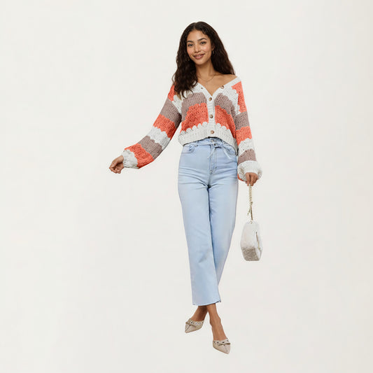 Textured Knit Button Front Top with Long Sleeves, Soft Scalloped Stripe Pattern and Relaxed Cropped Fit for Added Comfort