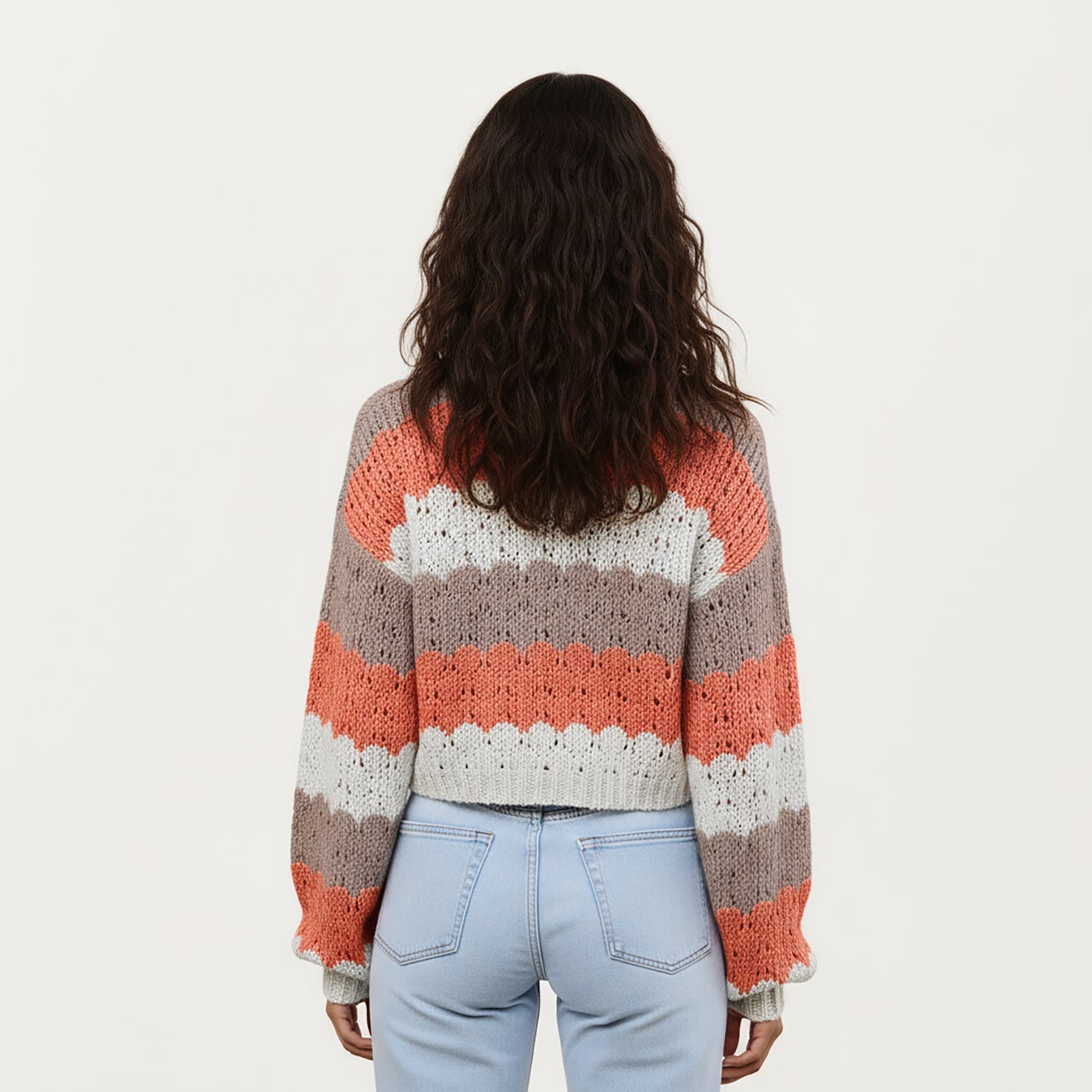 Textured Knit Button Front Top with Long Sleeves, Soft Scalloped Stripe Pattern and Relaxed Cropped Fit for Added Comfort