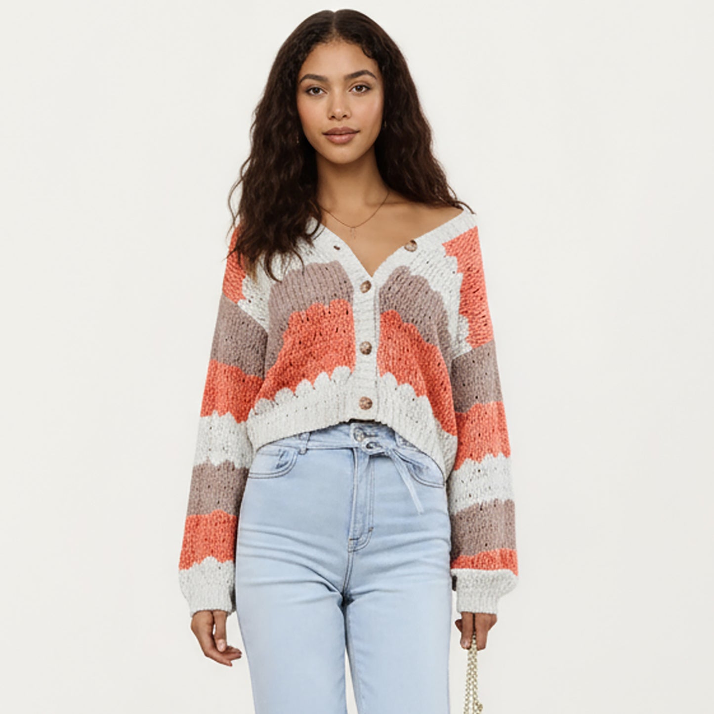 Textured Knit Button Front Top with Long Sleeves, Soft Scalloped Stripe Pattern and Relaxed Cropped Fit for Added Comfort