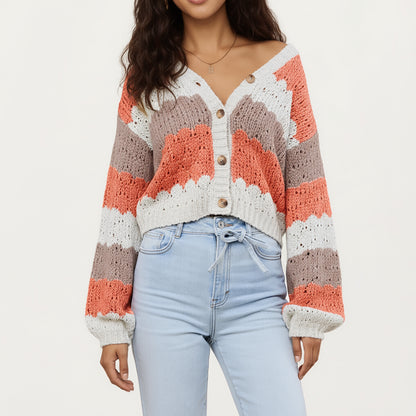 Textured Knit Button Front Top with Long Sleeves, Soft Scalloped Stripe Pattern and Relaxed Cropped Fit for Added Comfort
