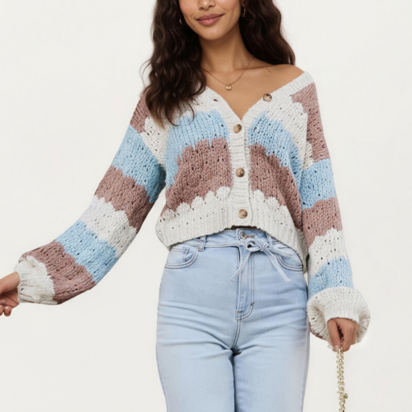 Textured Knit Button Front Top with Long Sleeves, Soft Scalloped Stripe Pattern and Relaxed Cropped Fit for Added Comfort