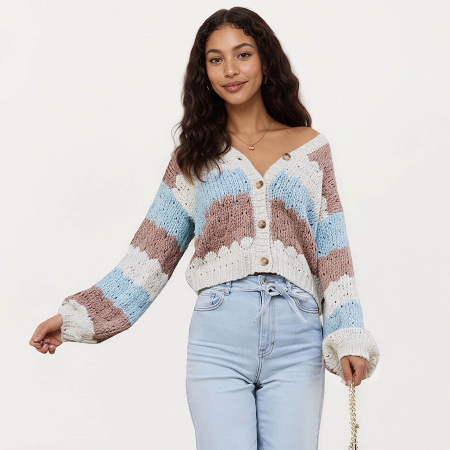 Textured Knit Button Front Top with Long Sleeves, Soft Scalloped Stripe Pattern and Relaxed Cropped Fit for Added Comfort