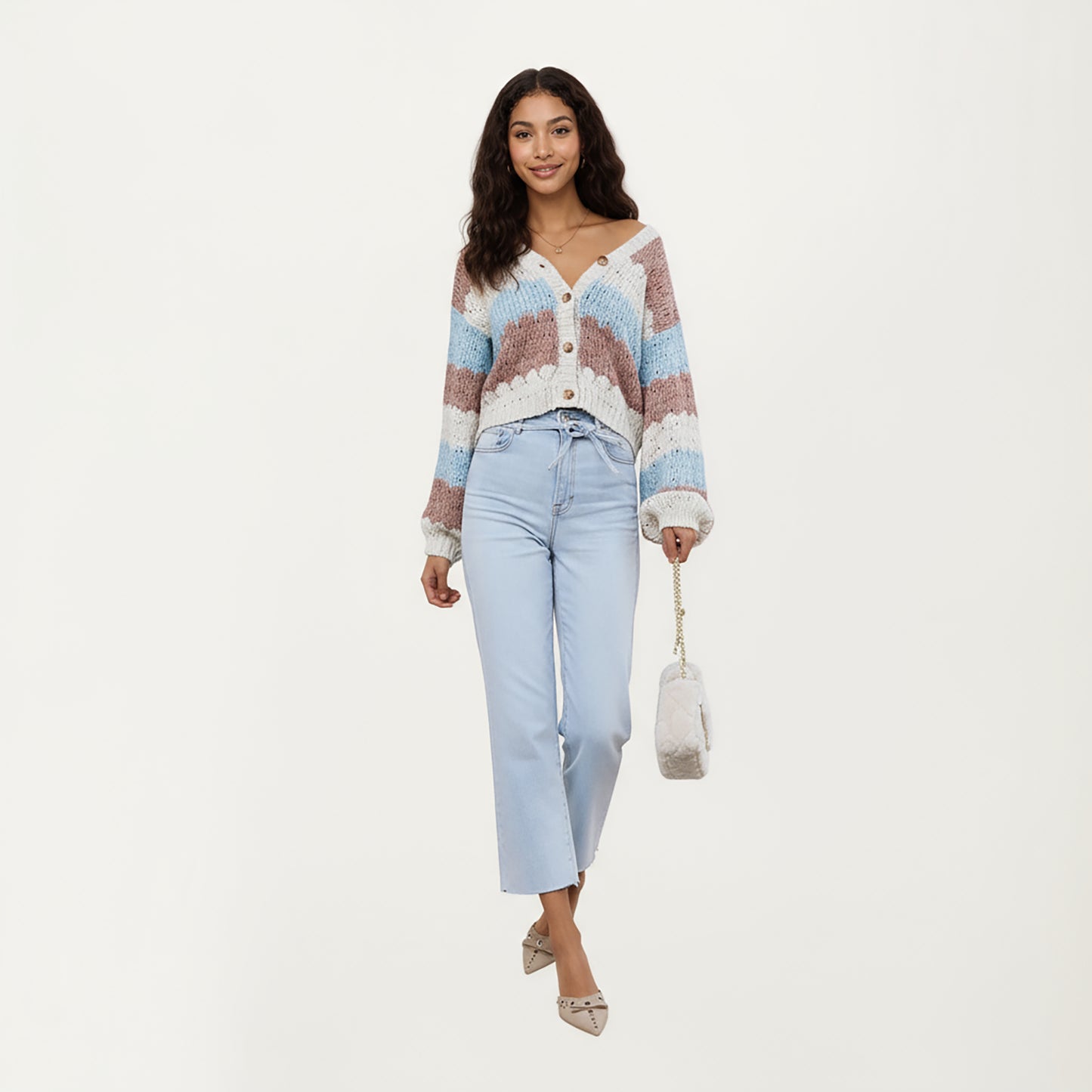 Textured Knit Button Front Top with Long Sleeves, Soft Scalloped Stripe Pattern and Relaxed Cropped Fit for Added Comfort