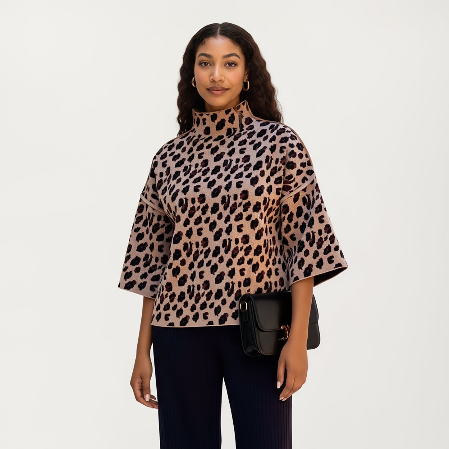 Leopard Print Knit Top with High Mock Neck, Wide Long Sleeves and Soft Textured Finish for a Relaxed, Stylish Silhouette