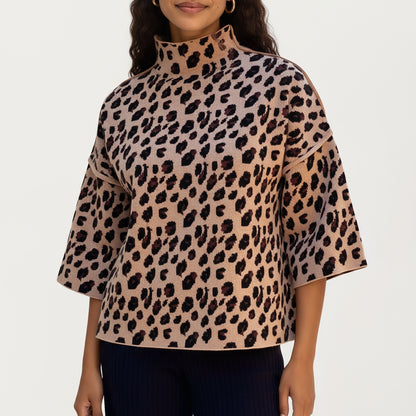 Leopard Print Knit Top with High Mock Neck, Wide Long Sleeves and Soft Textured Finish for a Relaxed, Stylish Silhouette