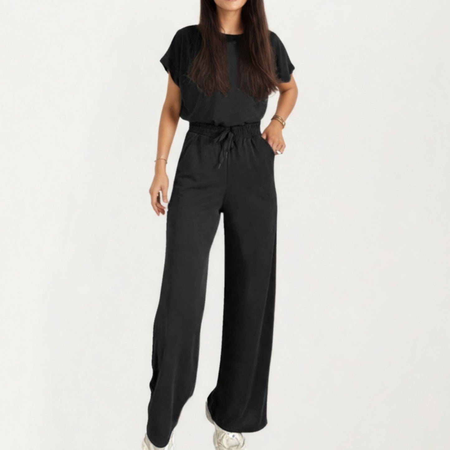 2-Piece Set Short Sleeve Relaxed Fit Top and Wide Leg Pants with Soft Stretch Fabric and Drawstring Waist