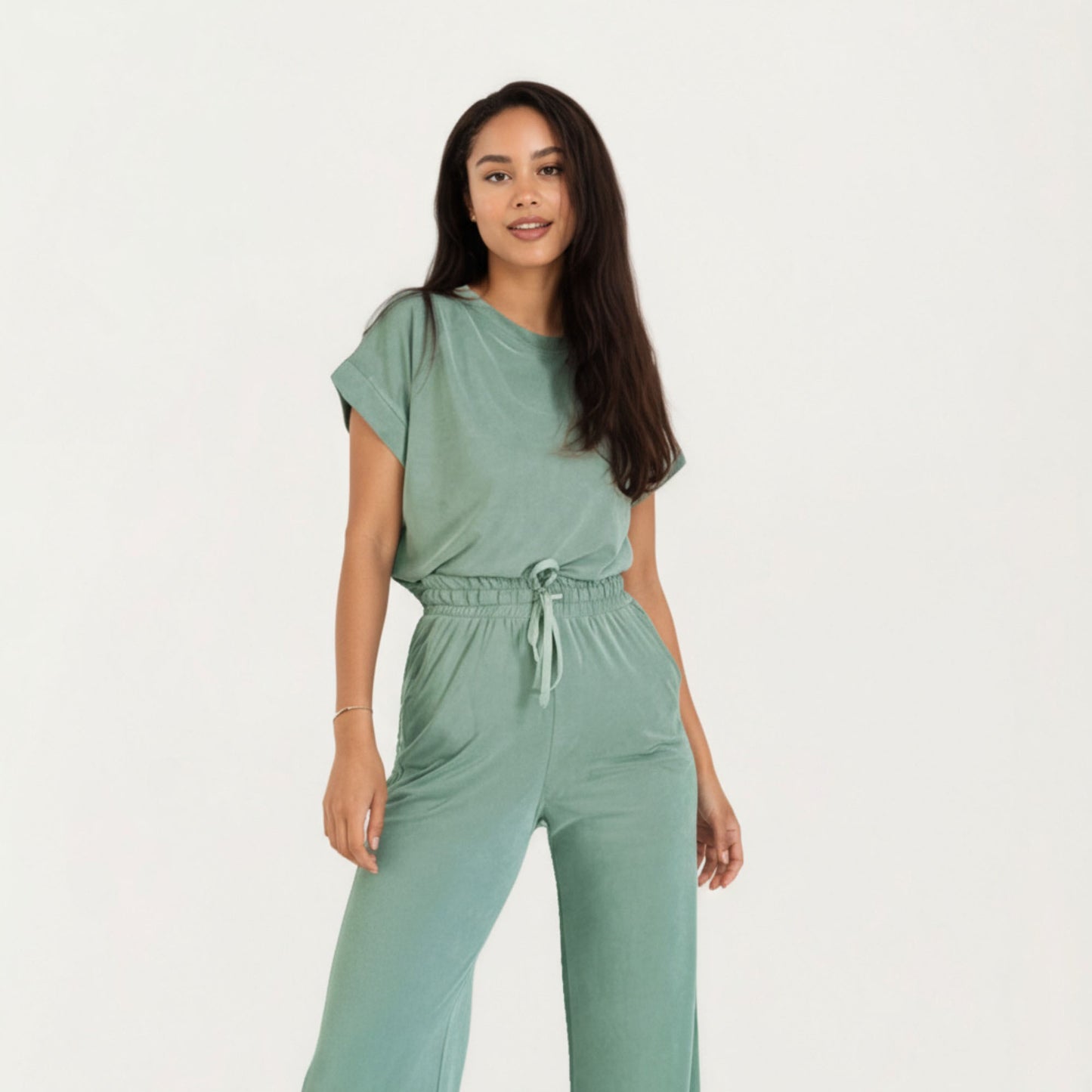 2-Piece Set Short Sleeve Relaxed Fit Top and Wide Leg Pants with Soft Stretch Fabric and Drawstring Waist