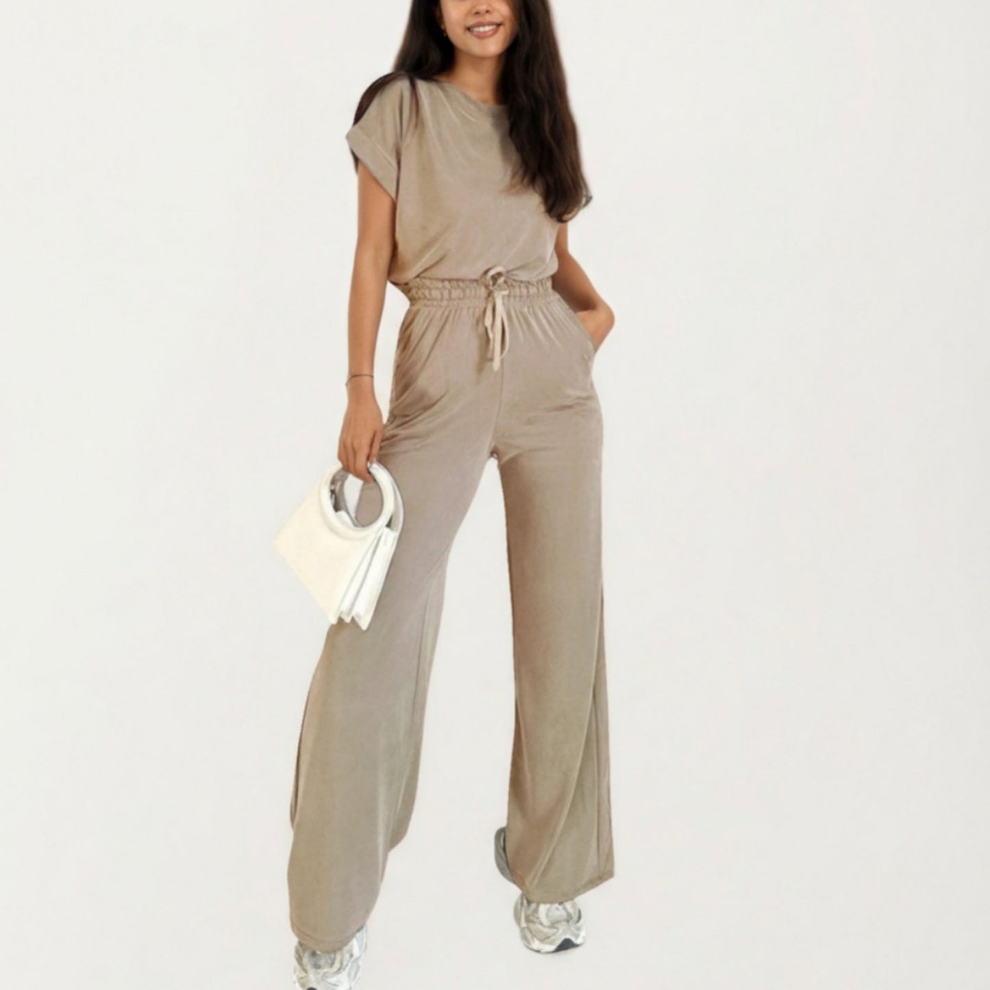 2-Piece Set Short Sleeve Relaxed Fit Top and Wide Leg Pants with Soft Stretch Fabric and Drawstring Waist