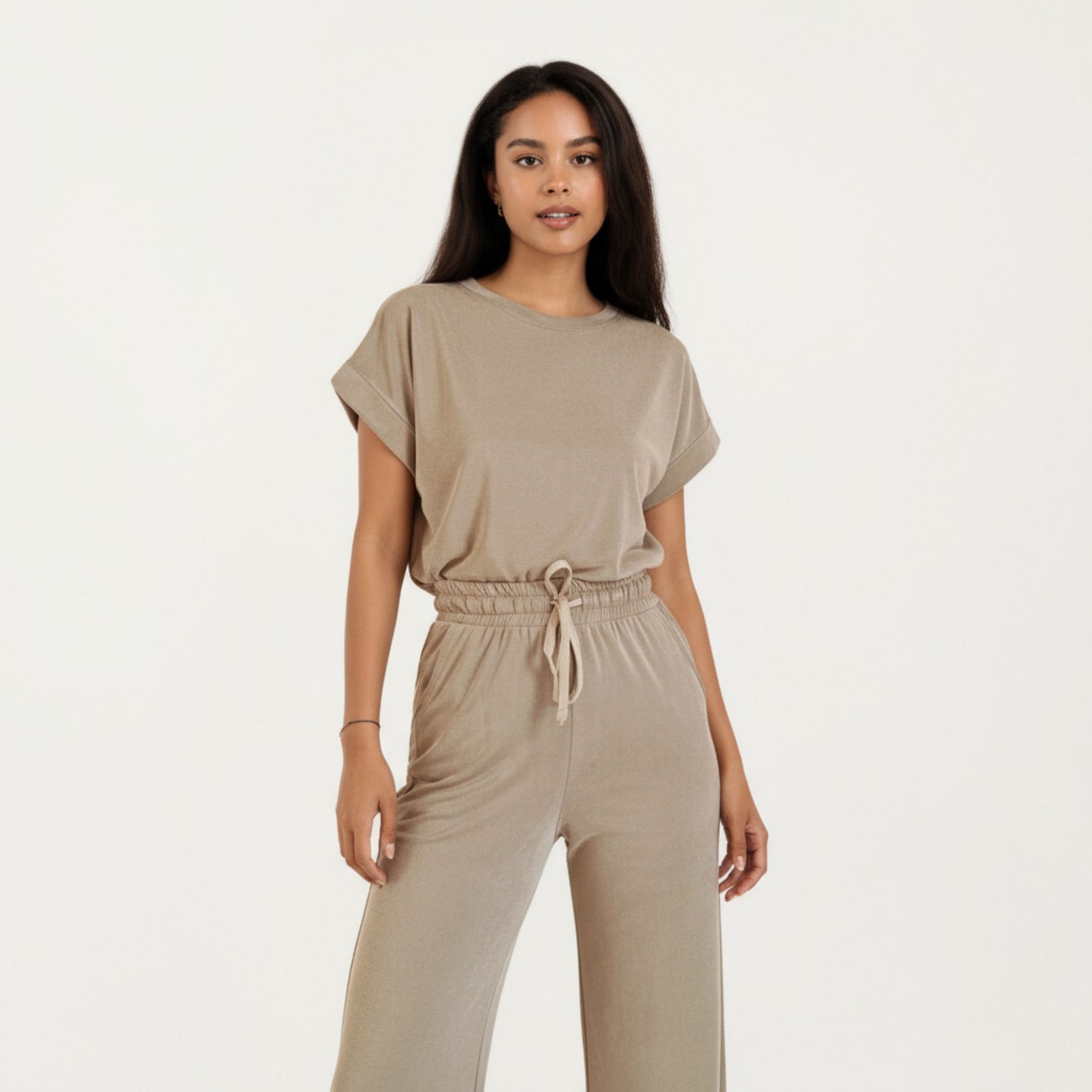 2-Piece Set Short Sleeve Relaxed Fit Top and Wide Leg Pants with Soft Stretch Fabric and Drawstring Waist
