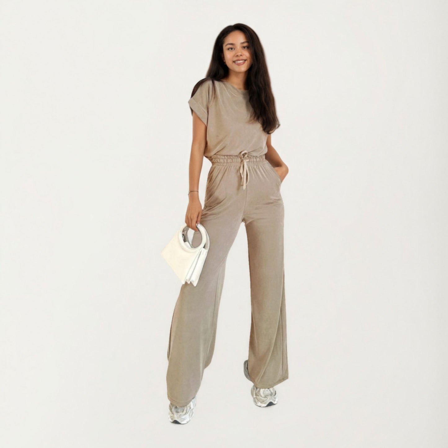 2-Piece Set Short Sleeve Relaxed Fit Top and Wide Leg Pants with Soft Stretch Fabric and Drawstring Waist