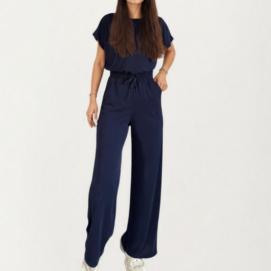 2-Piece Set Short Sleeve Relaxed Fit Top and Wide Leg Pants with Soft Stretch Fabric and Drawstring Waist