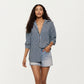 Textured Vertical Stripe Button Front Shirt with Collared Neckline, Long Sleeves, and Relaxed Fit