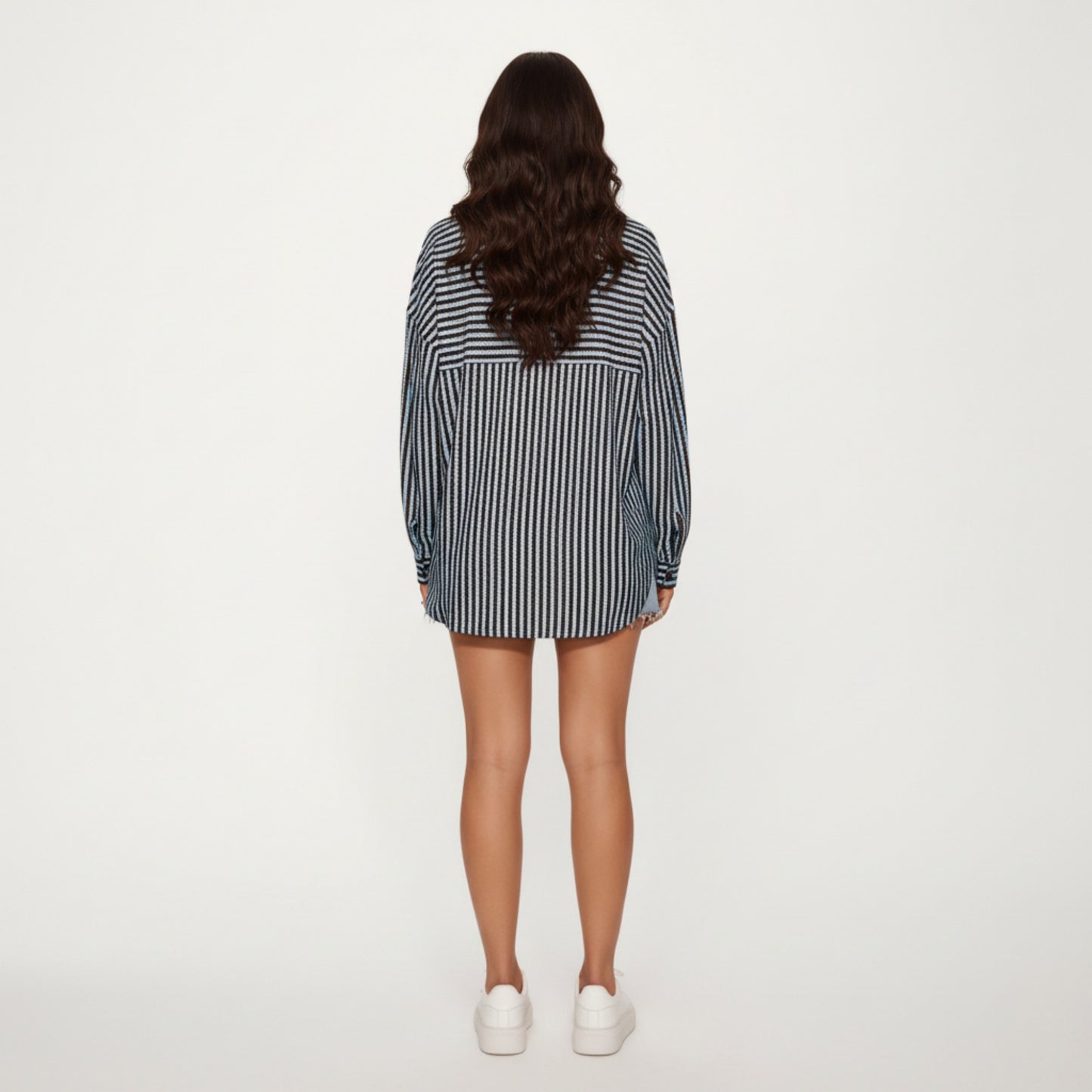 Textured Vertical Stripe Button Front Shirt with Collared Neckline, Long Sleeves, and Relaxed Fit