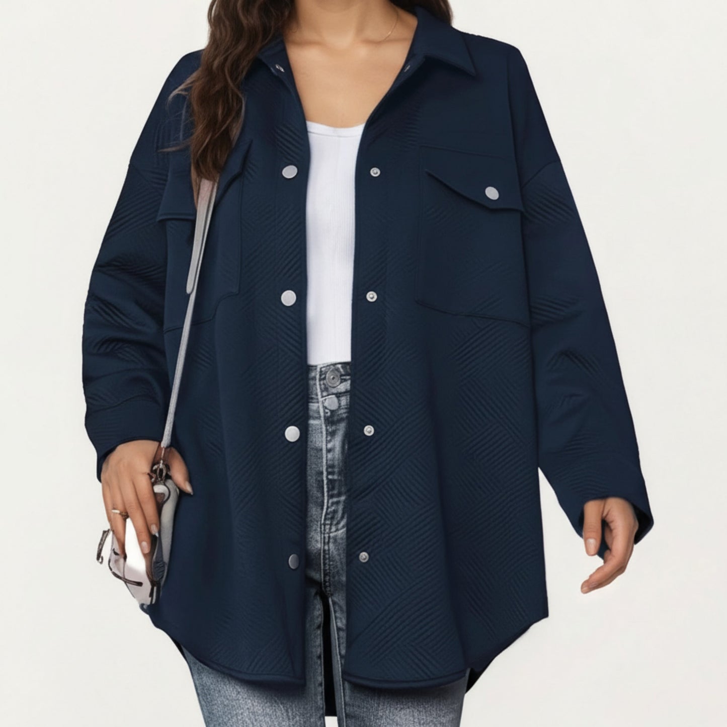 Quilted Button Front Overshirt Top with Collared Neckline, Long Sleeves, and Relaxed Fit