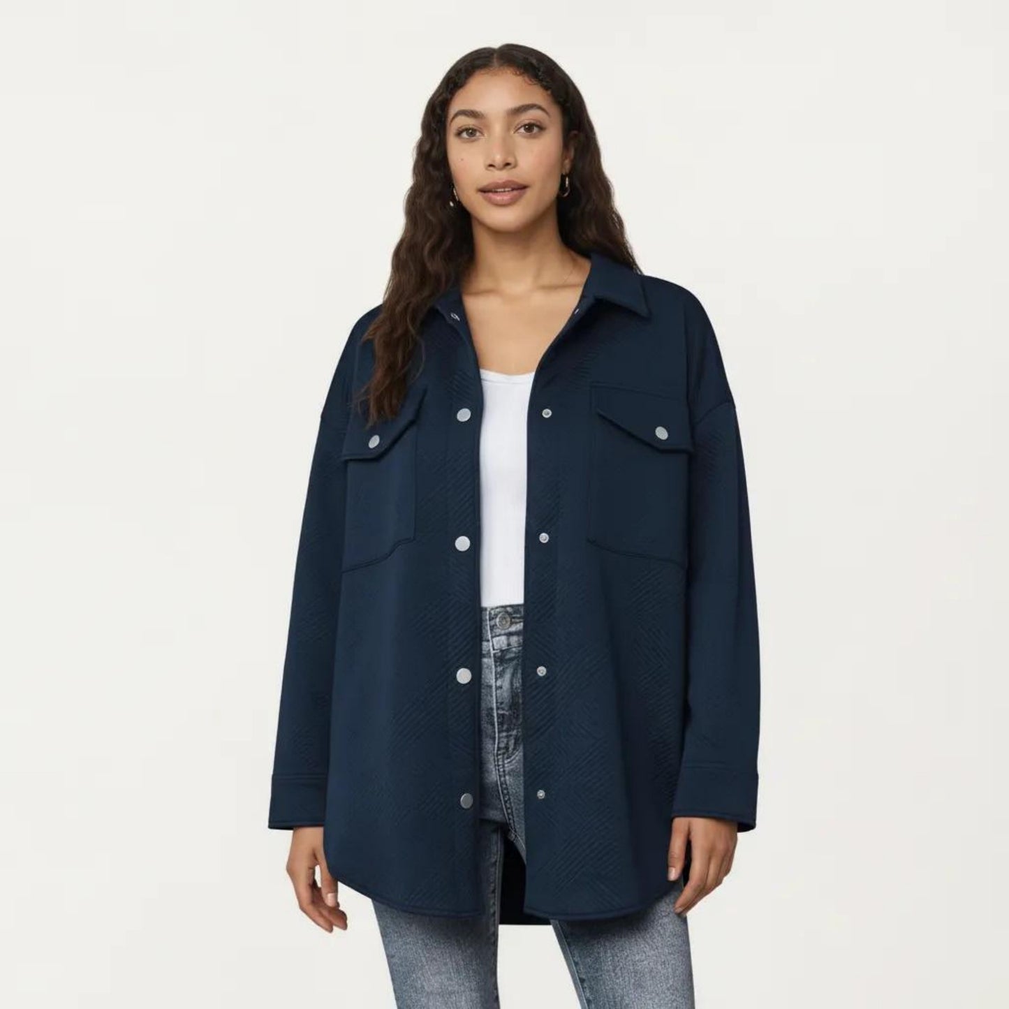 Quilted Button Front Overshirt Top with Collared Neckline, Long Sleeves, and Relaxed Fit