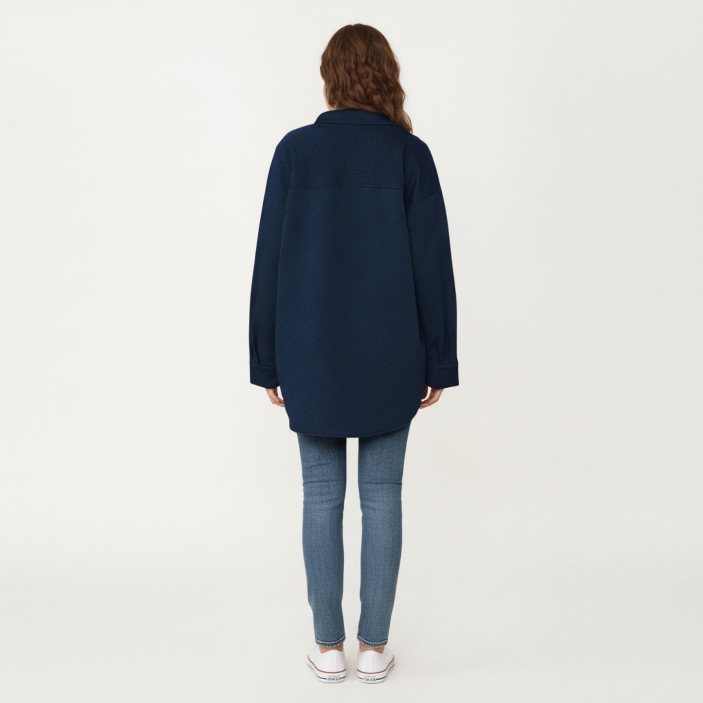 Quilted Button Front Overshirt Top with Collared Neckline, Long Sleeves, and Relaxed Fit
