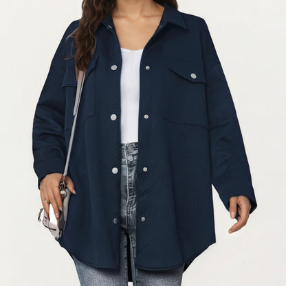 Quilted Button Front Overshirt Top with Collared Neckline, Long Sleeves, and Relaxed Fit