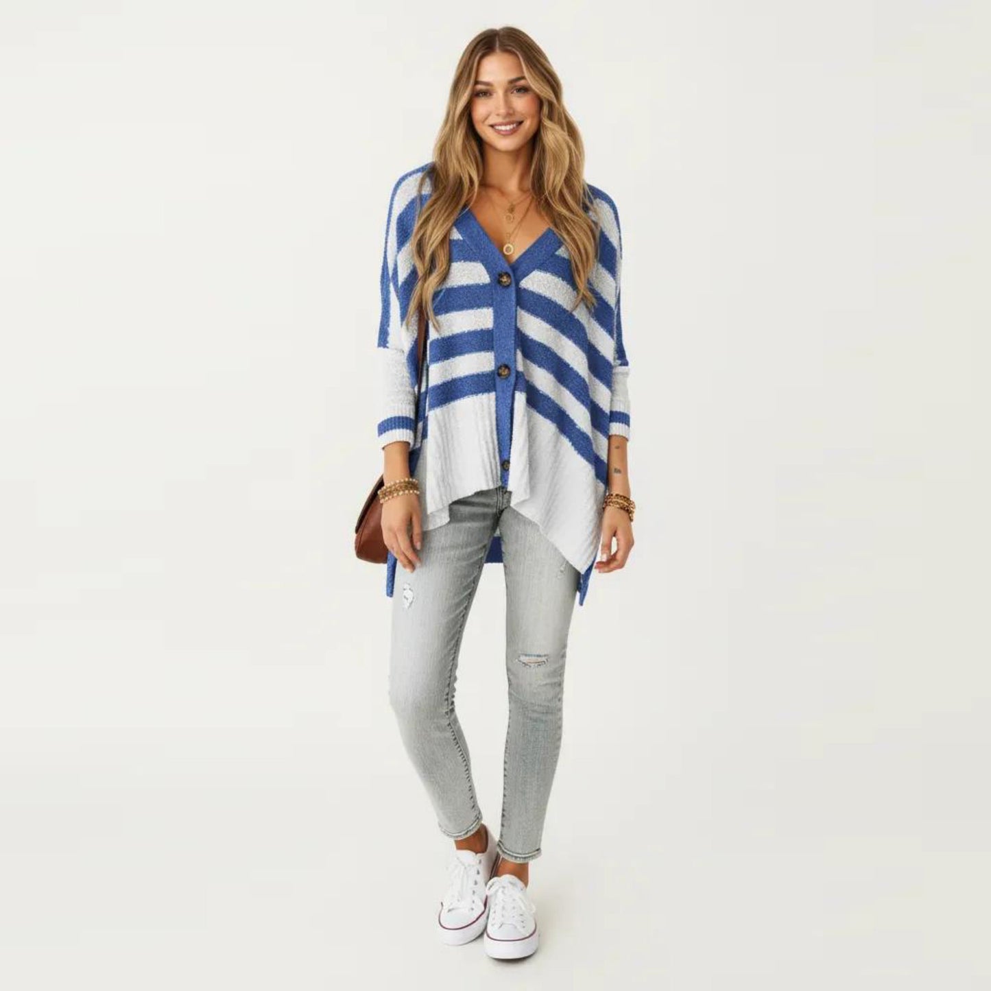 Striped Button Front Knit Top with V-Neckline, Relaxed Fit, and Drop Shoulder Sleeves