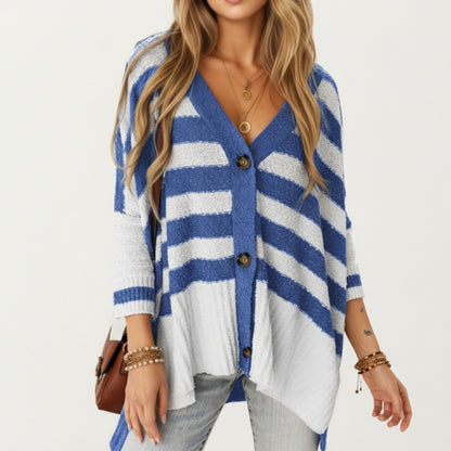 Striped Button Front Knit Top with V-Neckline, Relaxed Fit, and Drop Shoulder Sleeves