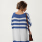 Striped Button Front Knit Top with V-Neckline, Relaxed Fit, and Drop Shoulder Sleeves