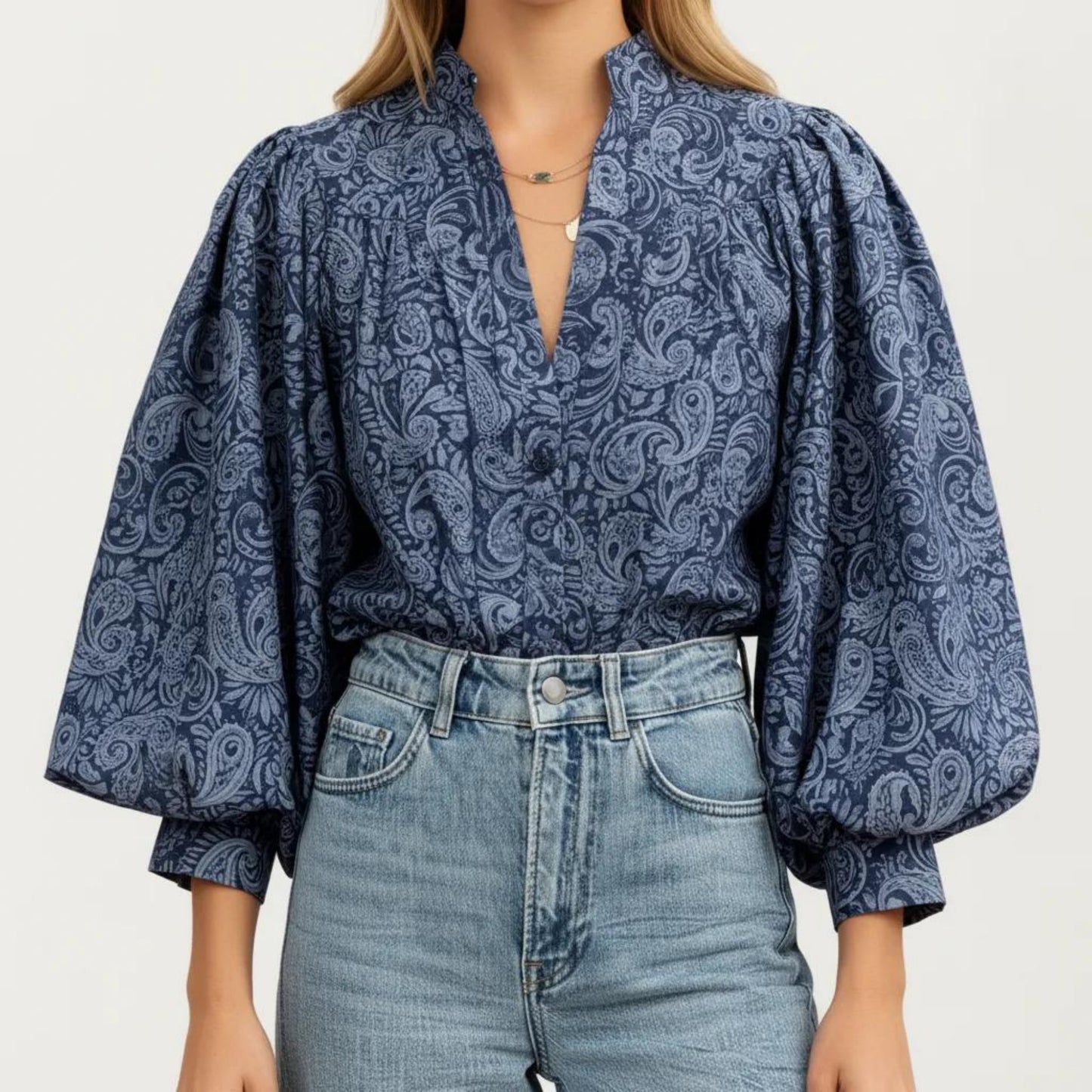 Paisley Print Long Sleeve Blouse with Split Neckline and Relaxed Balloon Sleeves