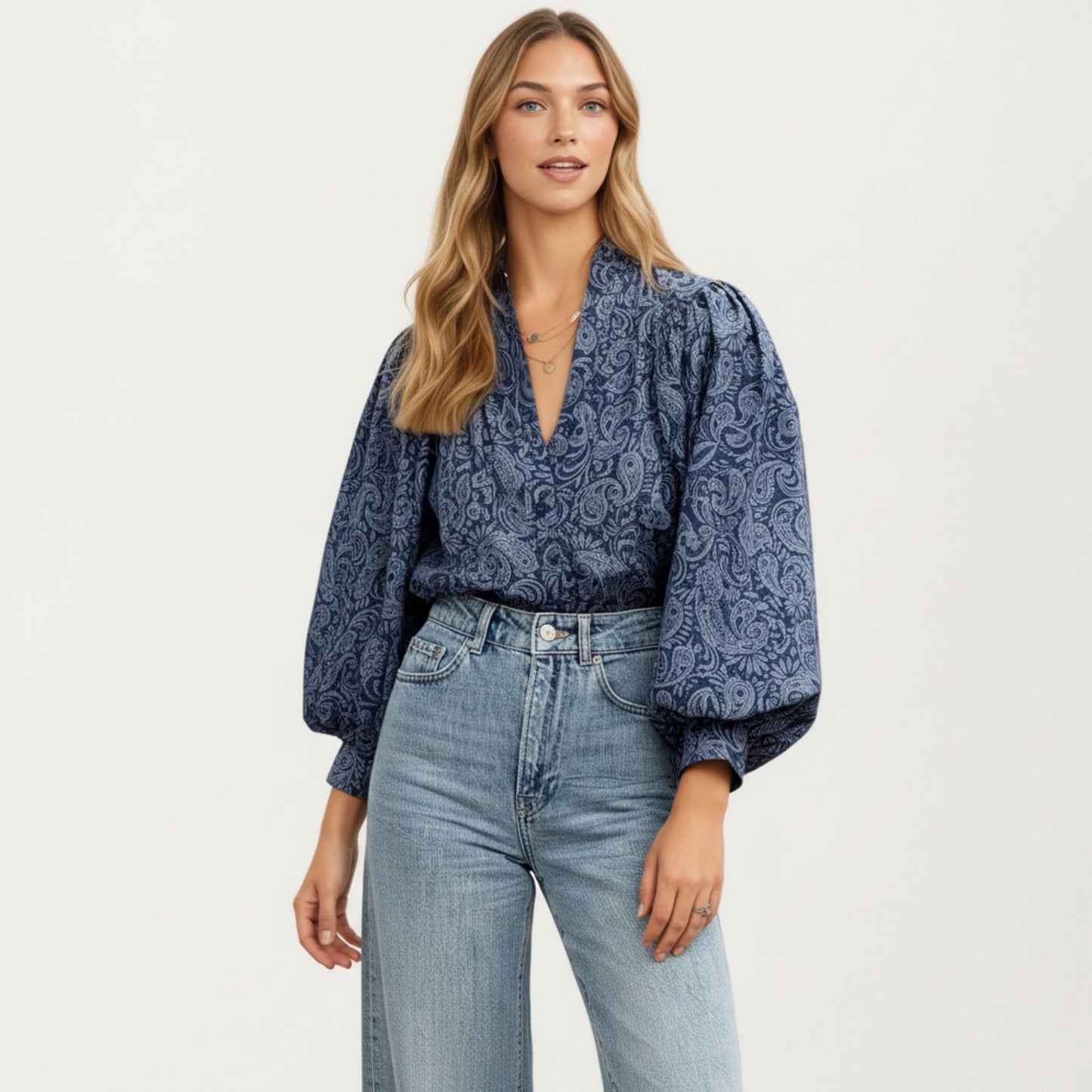 Paisley Print Long Sleeve Blouse with Split Neckline and Relaxed Balloon Sleeves