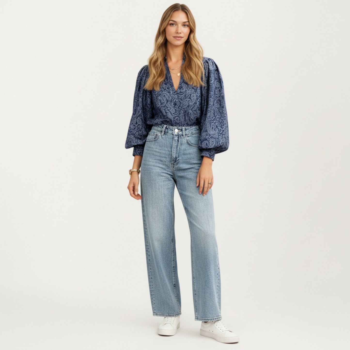 Paisley Print Long Sleeve Blouse with Split Neckline and Relaxed Balloon Sleeves