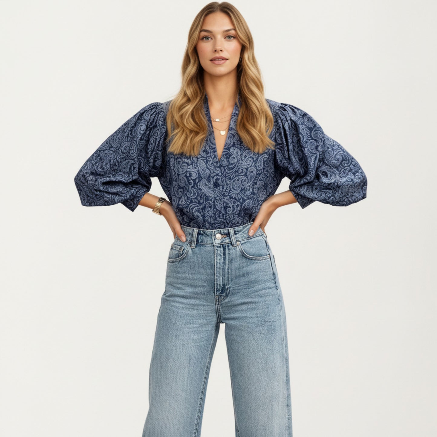 Paisley Print Long Sleeve Blouse with Split Neckline and Relaxed Balloon Sleeves