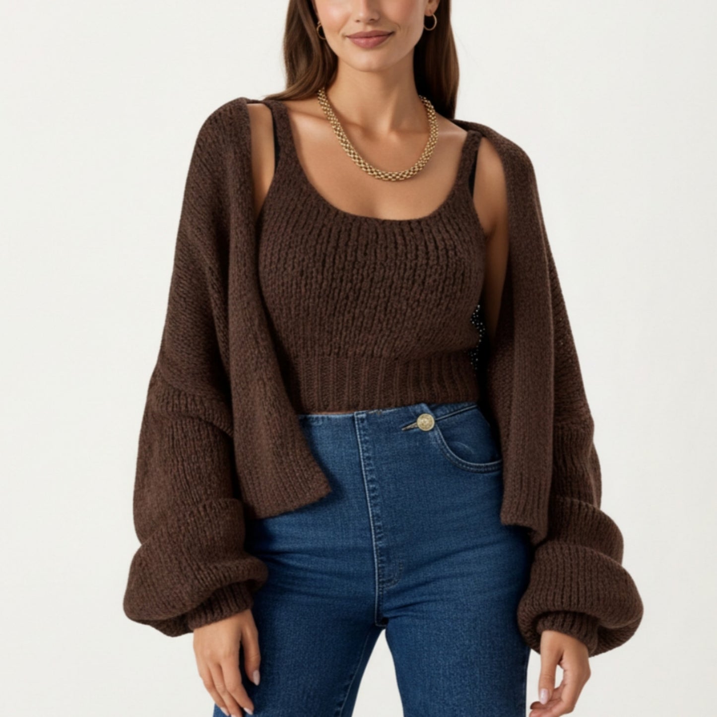 2-Piece Knit Tank and Cardigan Set with Ribbed Texture Scoop Neck and Long Sleeves