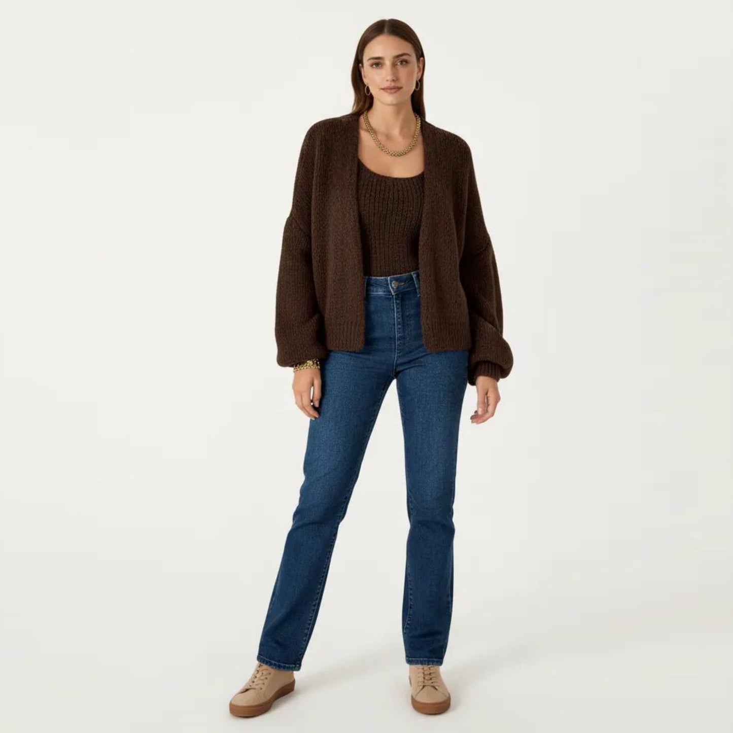 2-Piece Knit Tank and Cardigan Set with Ribbed Texture Scoop Neck and Long Sleeves