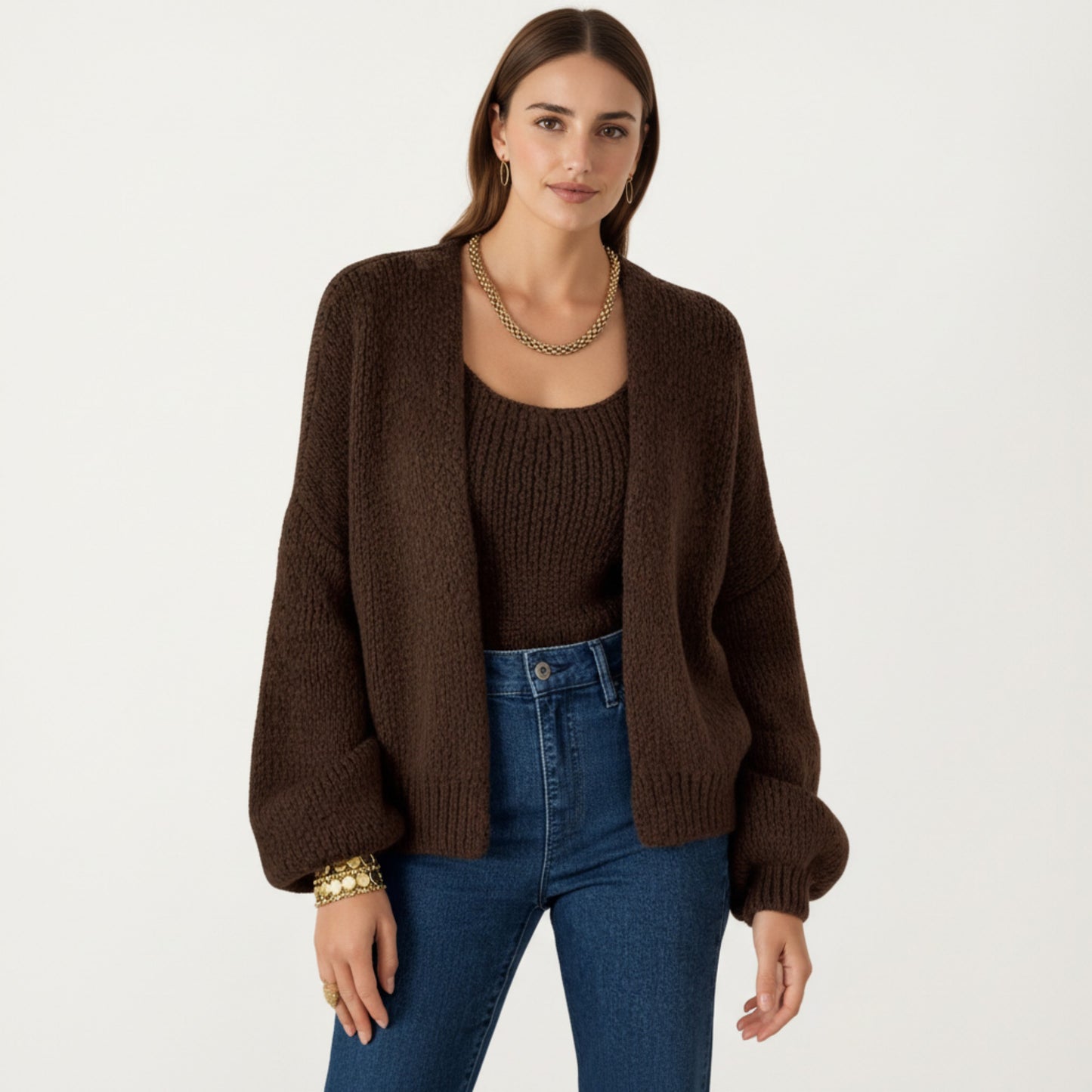 2-Piece Knit Tank and Cardigan Set with Ribbed Texture Scoop Neck and Long Sleeves